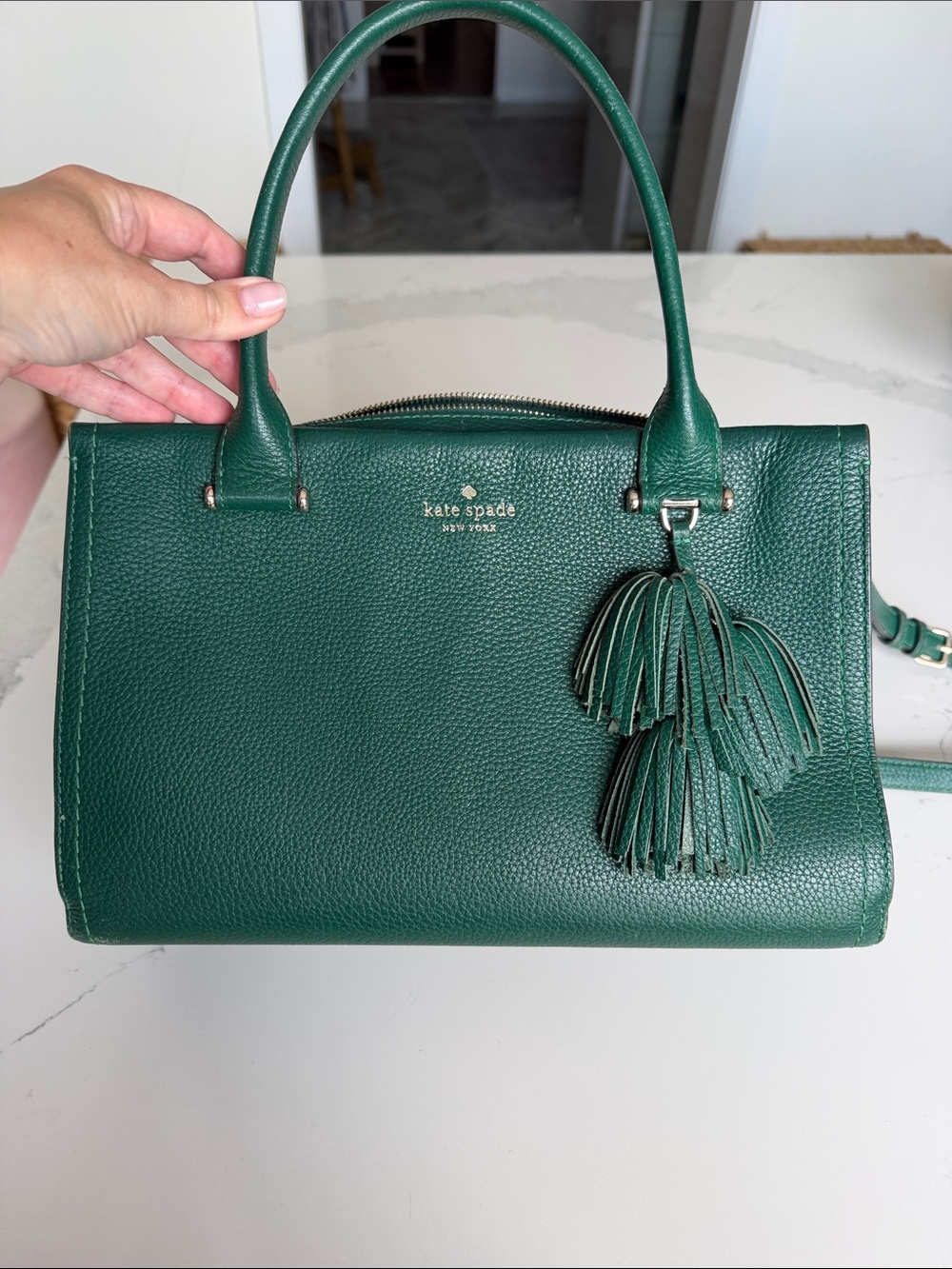 kate spade emerald green pebbled leather satchel with tassel